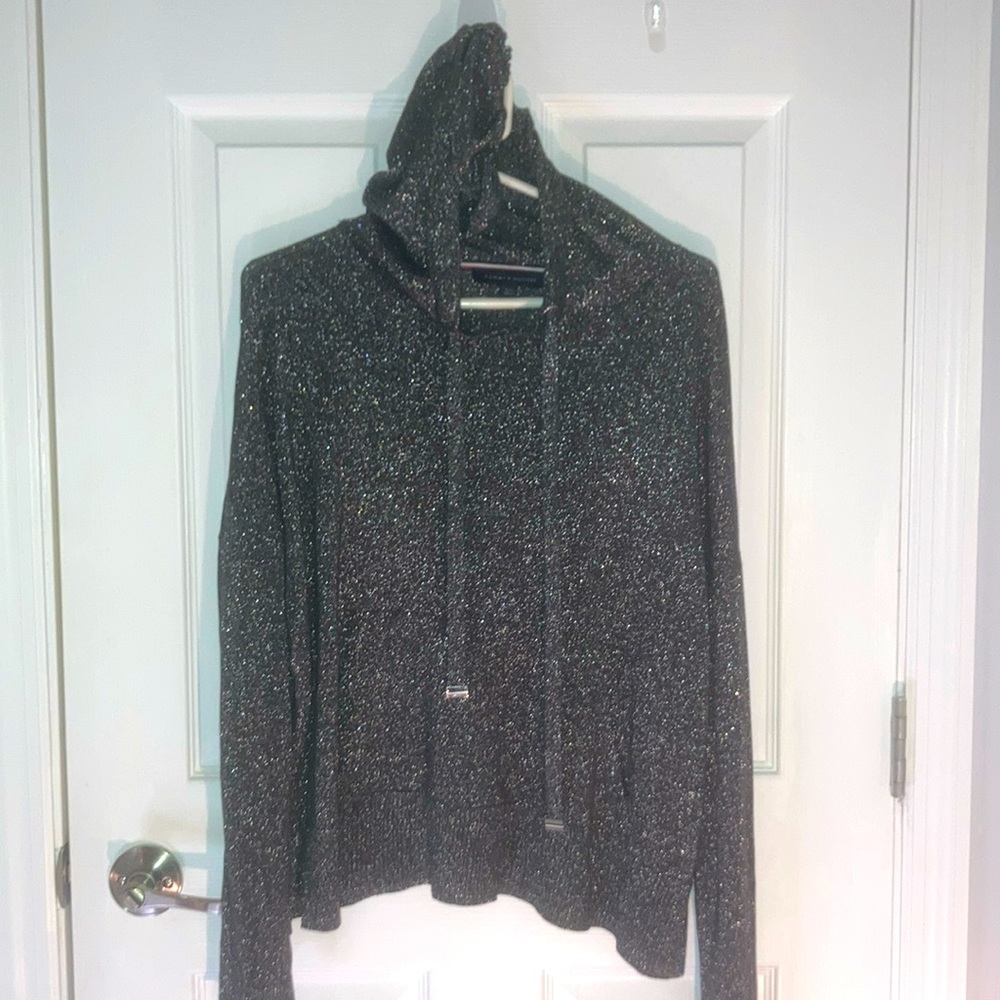 Tommy Hilfiger Silver Grey Shimmer Hooded Dress Top Sweater Size Large L Holiday